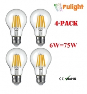 (4-Pack) Fulight® LED Filament bulb A19 6W 750lm Soft White 2700K with E26 Medium Base to Replace 60W-80W Tungsten Incandescent Bulbs