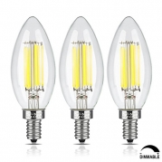 CRLight 6W Dimmable LED Filament Candle Light Bulb, 6000K Daylight (Cool White) 700LM, E12 Candelabra Base Lamp, C35 Torpedo Shape Bullet Top, 70W Incandescent Equivalent, 3 Pack
