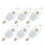 J&C LED Dimmable 6w Torpedo Light Bulb, 60w Incandescent Replacement, Daylight White (6000K), E12 Candelabra Base LED Bulbs, Blunt Tip Clear Cover, Gloss White Body, 6-PACK
